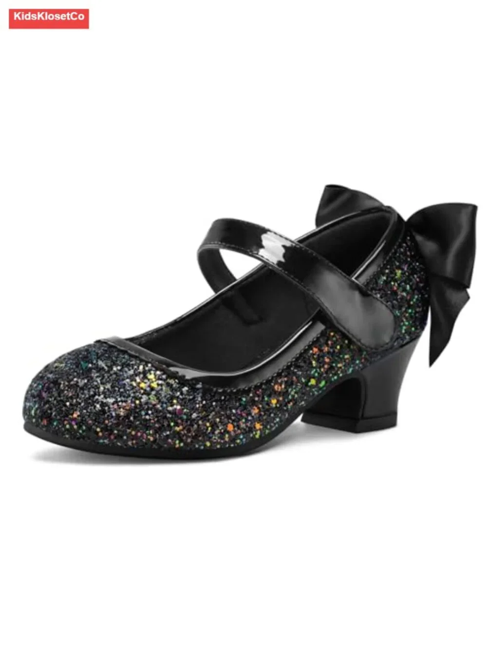 Girls Glitter Mary Jane Heels Low Block Heel Hook Loop Princess Dress Shoes